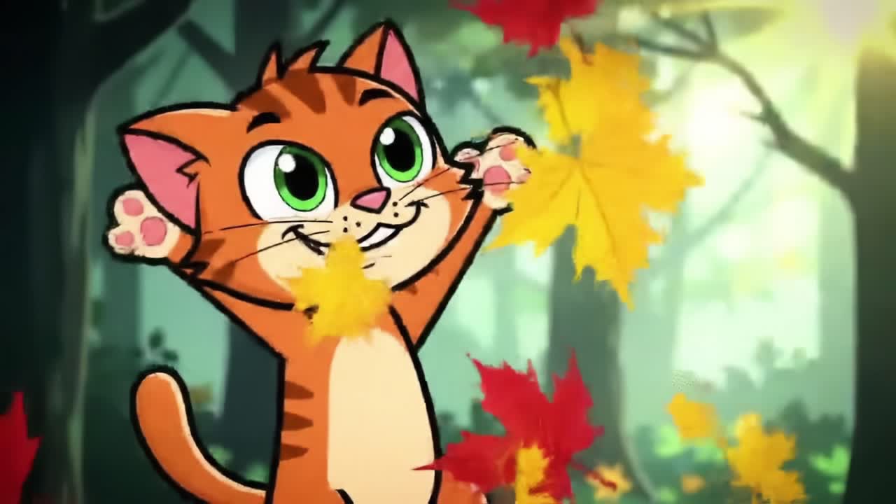 A Playful Animated Cat Joyfully Revels in a Vibrant Autumn Forest, Tossing Colorful Leaves Around with Enthusiasm and Delight in Every Frame