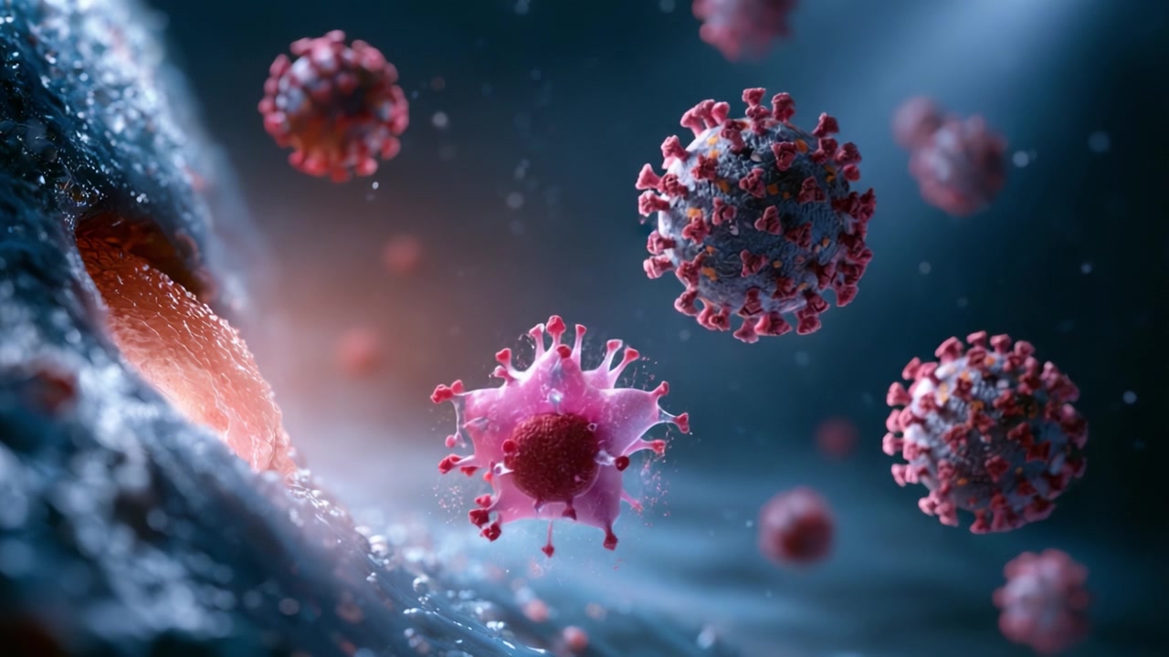 Visualizzazione microscopica delle interazioni virali: Un primo piano sulle dinamiche tra virus rosa e rossi all'interno di un ambiente cellulare.