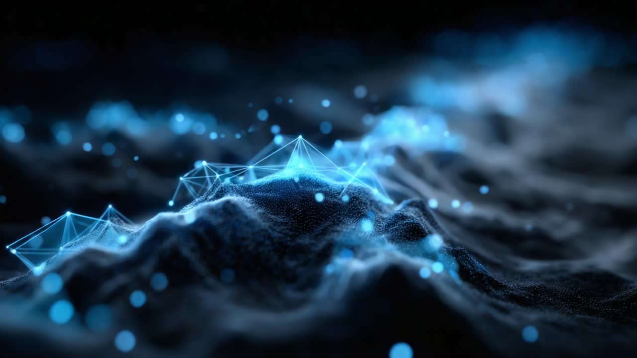 An Abstract Visualization of a Digital Landscape with Glowing Blue Nodes and Connecting Lines Representing Data Flow Across a Surreal Terrain