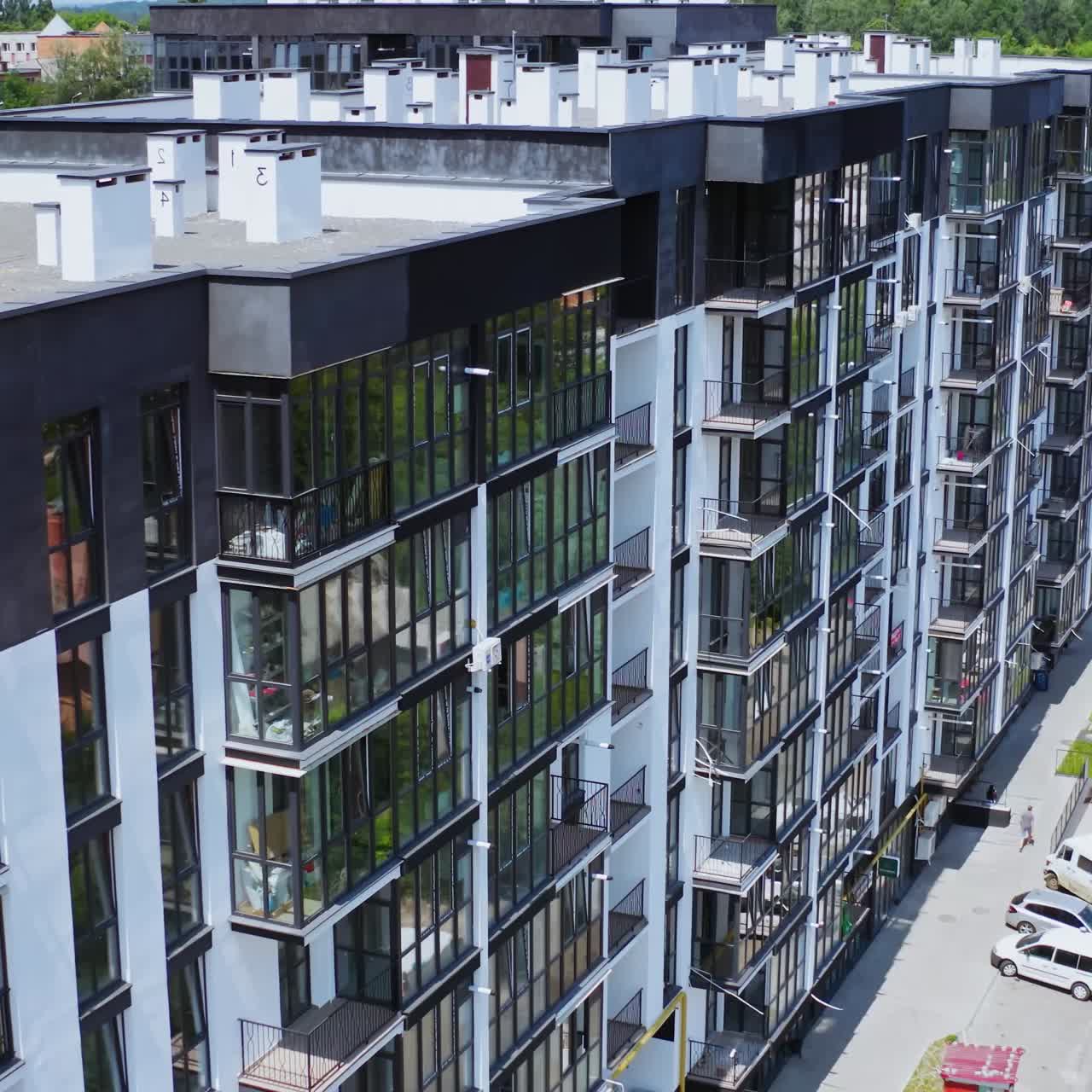 Drone view of standard apartment. Aerial view of the city with multi storey residential buildings