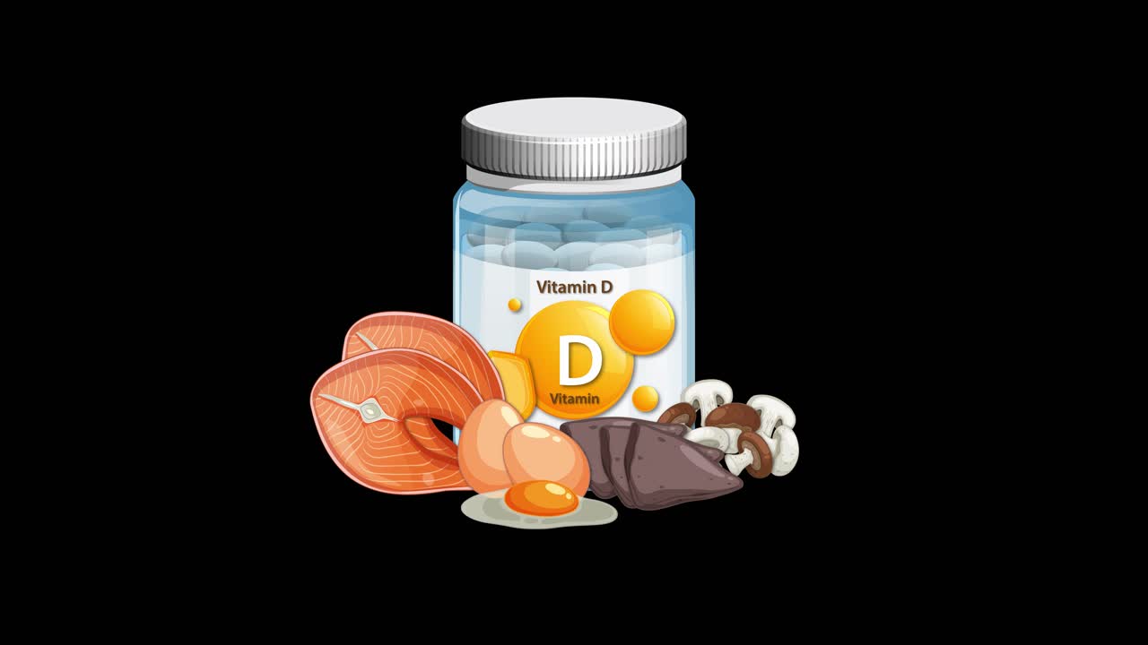 Vitamin D bottle and food sources appear together on black background with smooth, gradual transitions