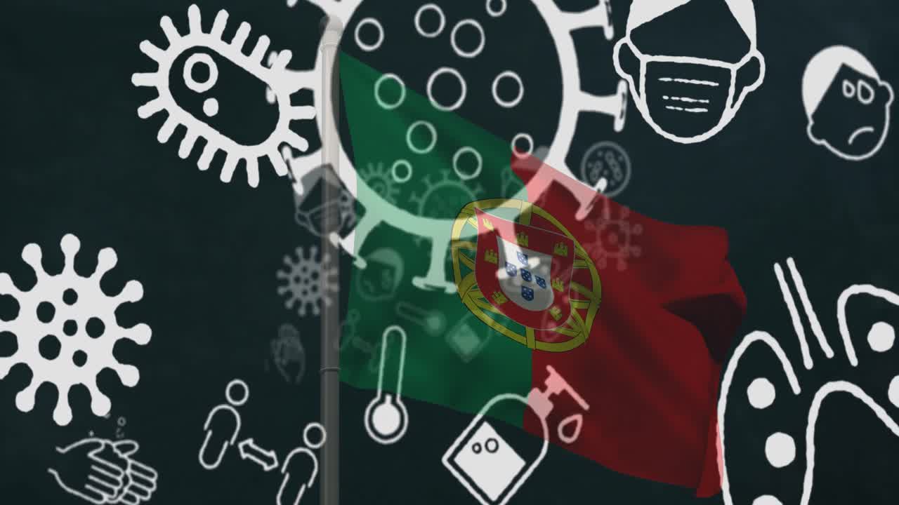 animación de células del virus covid-19 e iconos digitales sobre la bandera de portugal