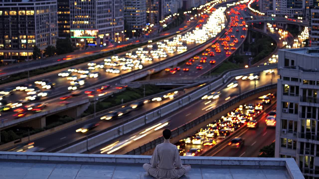 Individual in meditation on rooftop overlooking busy highway, capturing the dynamic flow of city traffic at dusk, illustrating tranquility amidst urban chaos