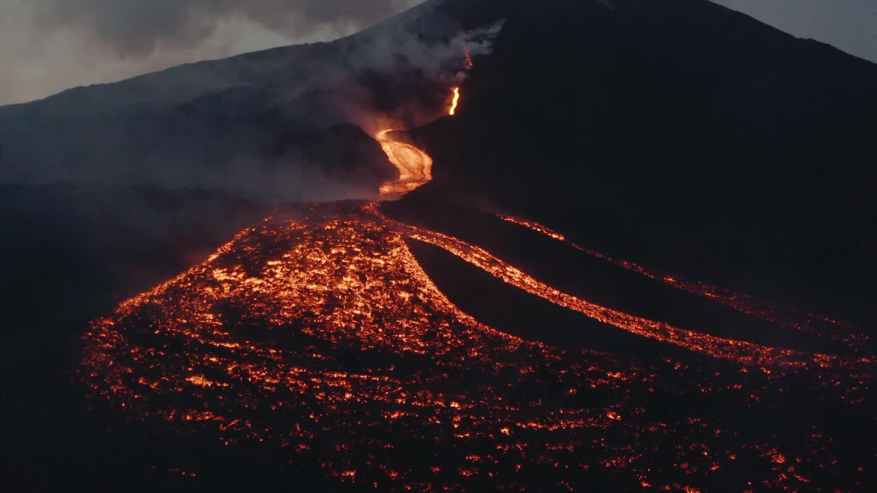 Lava rivers from Pacaya volcano eruption in Guatemala - Drone aerial