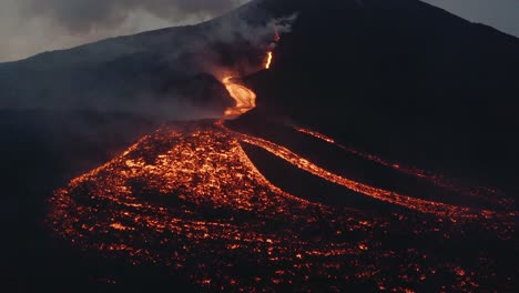 Lava-rivers-from-Pacaya-volcano-eruption-in-Guatemala---Drone-aerial