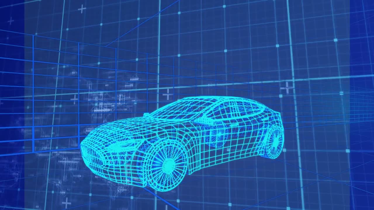 animación de un modelo digital de automóvil sobre formas y líneas sobre fondo azul