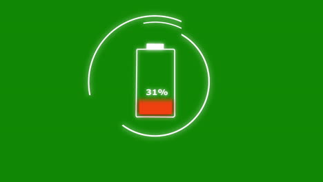 carga de icono de batería con porcentajes y círculos de carga giratorios, animación vfx de pantalla verde