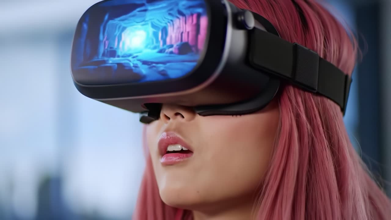 Exploring Virtual Worlds: A Young Woman Immersed in Cutting-Edge Virtual Reality Technology with a Vibrant Cave Environment Displayed on Her Headset