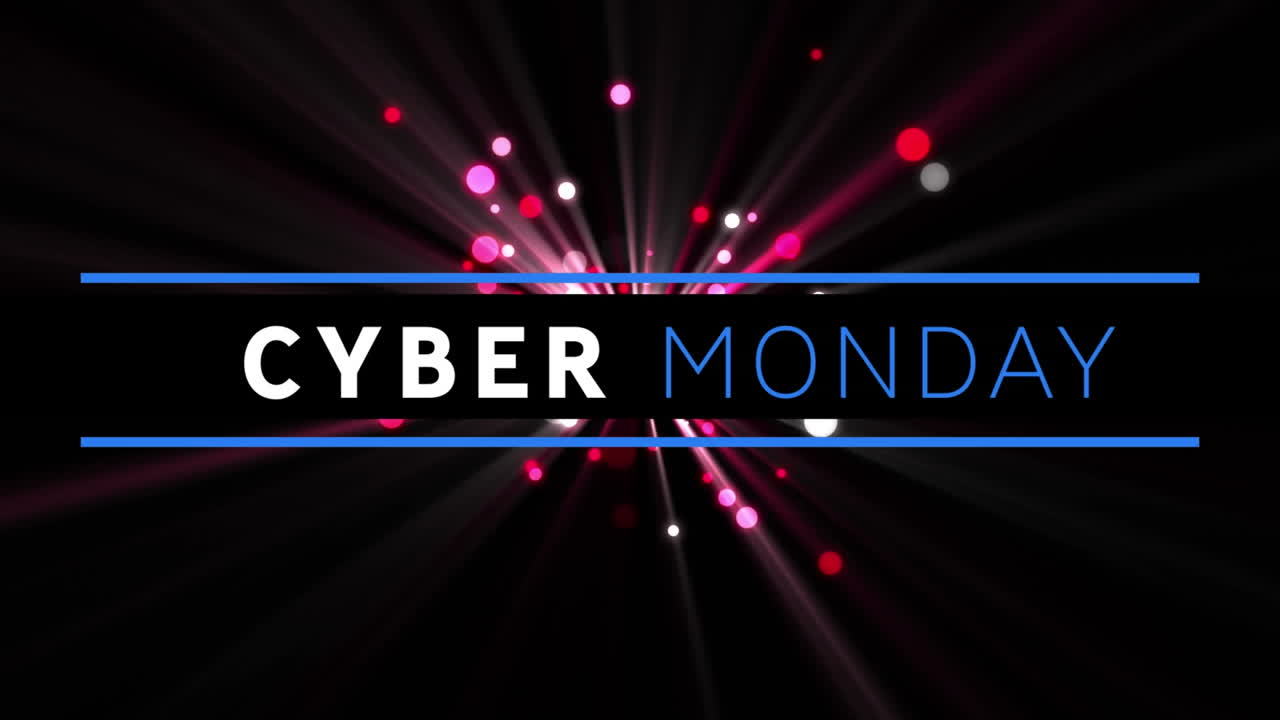 Digital animation of cyber monday text banner against pink spots of light on black background