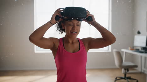 woman immersed in virtual reality gaming at home