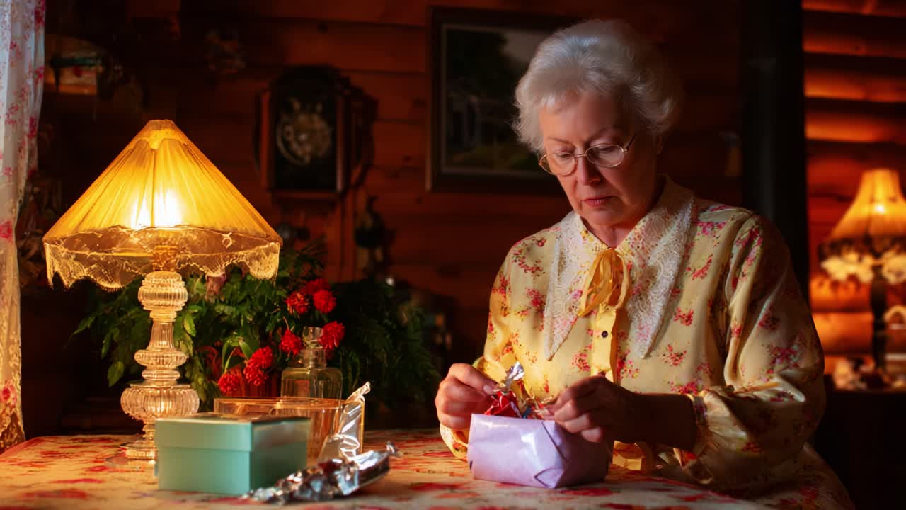 A Heartwarming Moment of Reflection: An Elderly Woman Enjoys the Joy of Unwrapping a Gift in a Cozy, Dimly Lit Room, Surrounded by Warm Lantern Light and Nostalgic Decor, Evoking Fond Memories