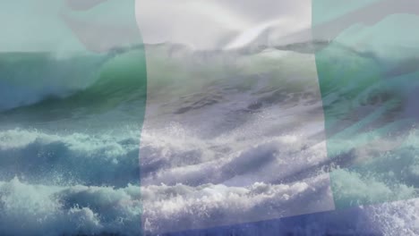 Animación-De-La-Bandera-De-Nigeria-Ondeando-Sobre-El-Sol-Sobre-Las-Olas-Rompiendo-En-El-Mar.