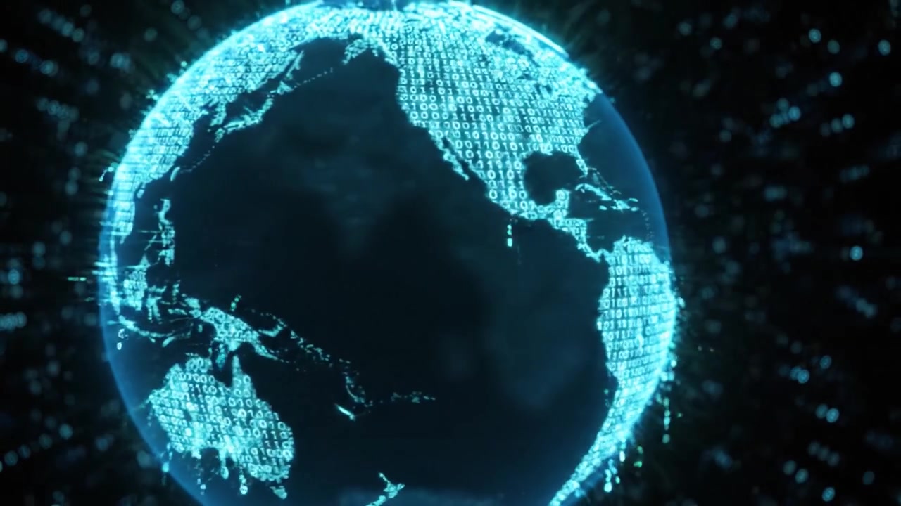 A Glowing Earth Enveloped in a Digital Universe: Exploring the Connection Between Technology and Our Planet through Binary Code Visualization