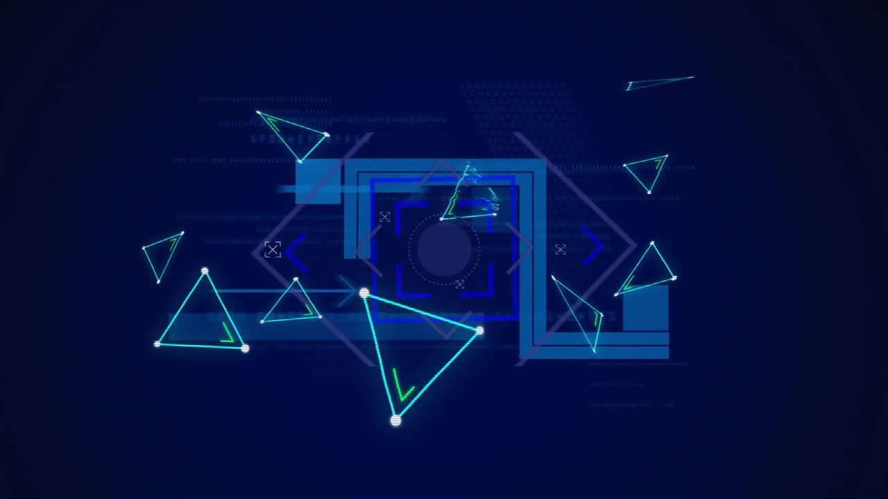 파란색 배경에 회전하는 사각형과  ⁇ 박이는 삼각형의 애니메이션