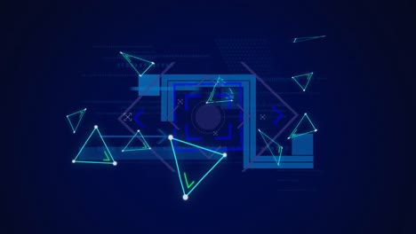 Animation of spinning squares and flickering triangles on blue background