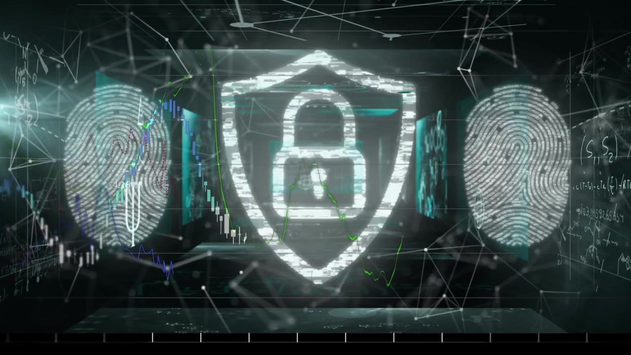 Animation of hud interface with lock and shield, application icons, fingerprints, graphs, data
