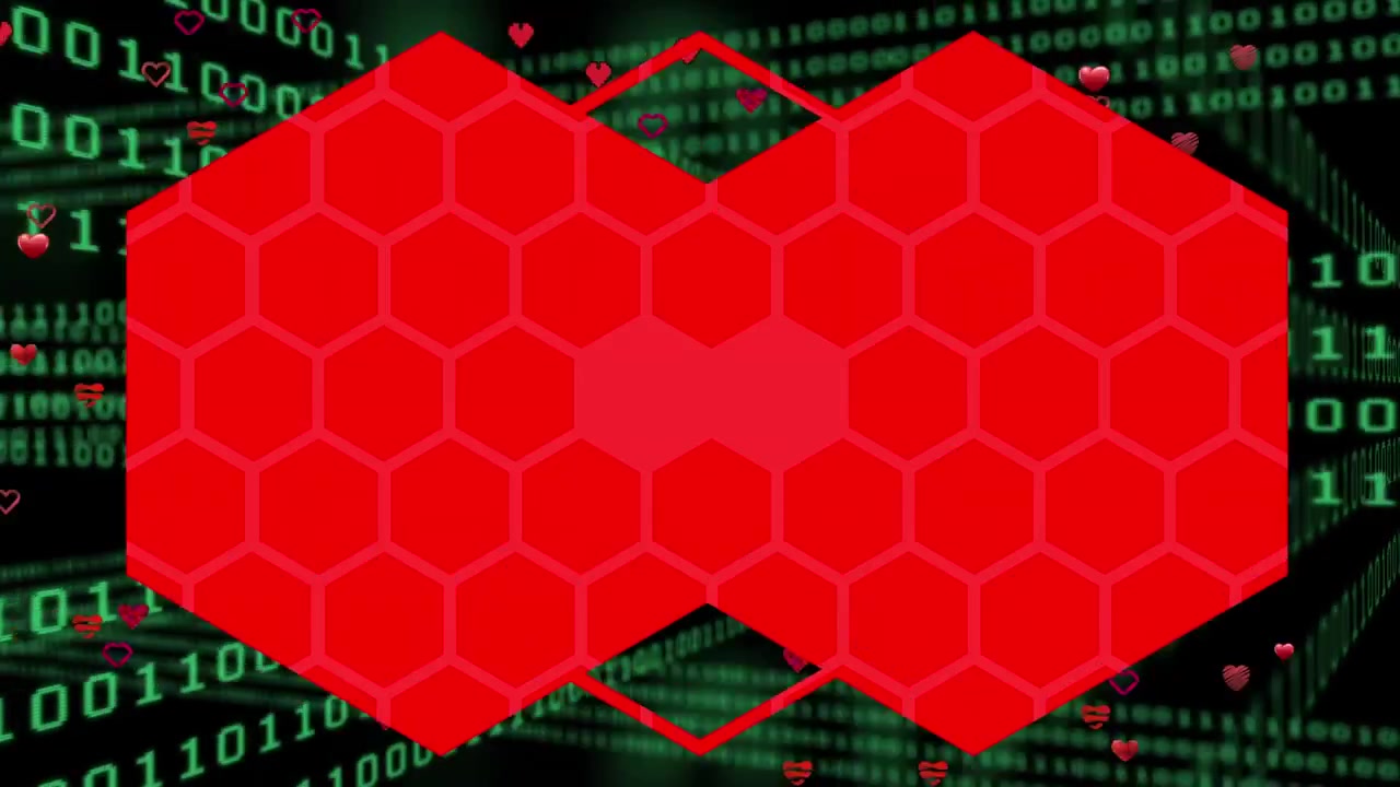 Animation af røde sekskanter over binær kode på sort baggrund