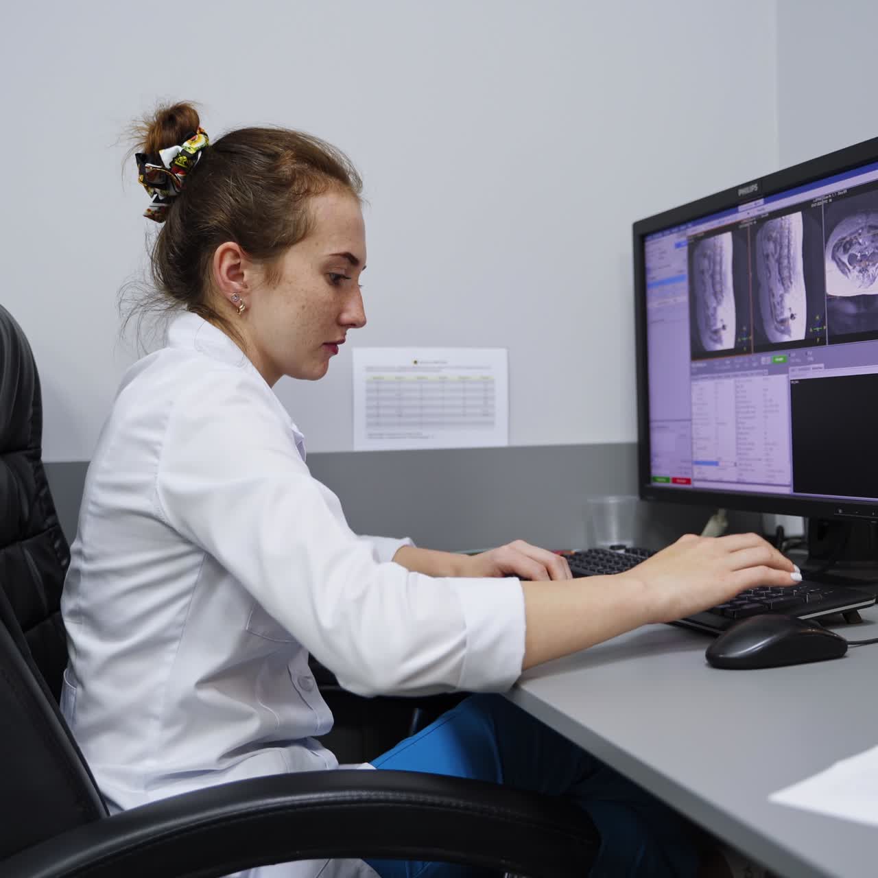 Lab technician sits in a comfortable chair working on computer. Expert making analysis of the MRI scanning images. Side view
