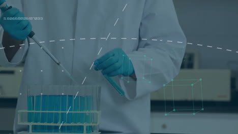 animación del procesamiento de datos científicos sobre un científico masculino en el laboratorio