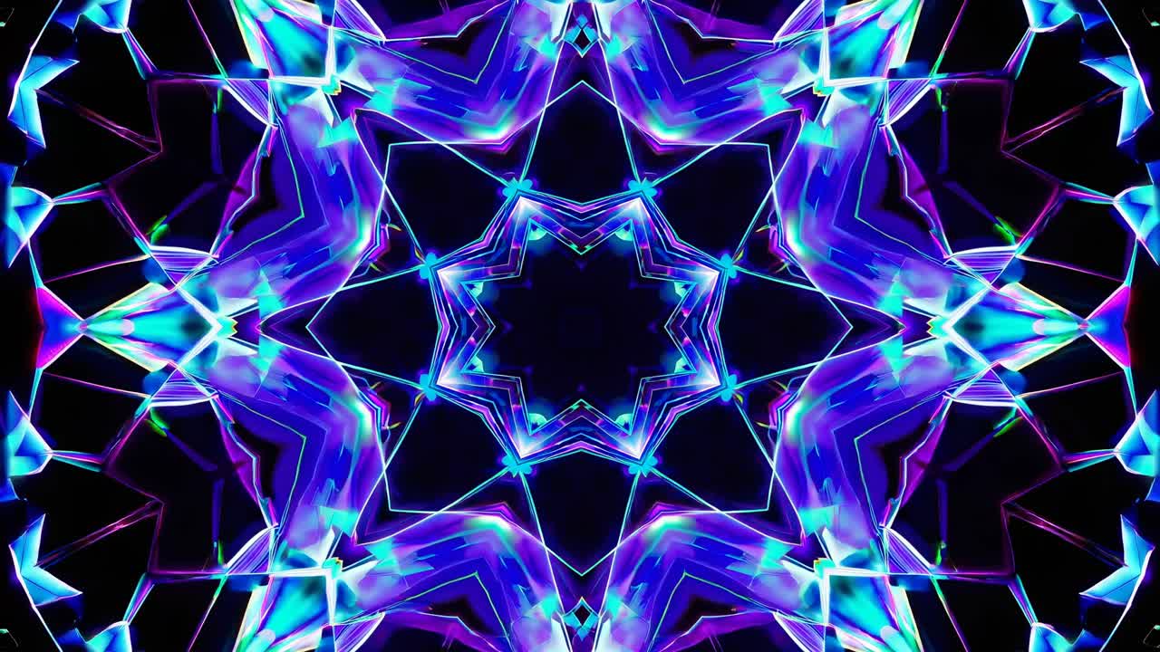 Kaleidoskopický video obrázek s živými neonovými barvami v symetrickém vzoru