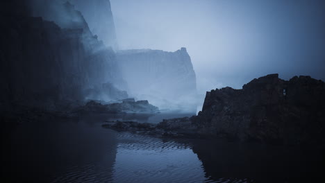 mysterious coastal cliffs enveloped in fog at dawn