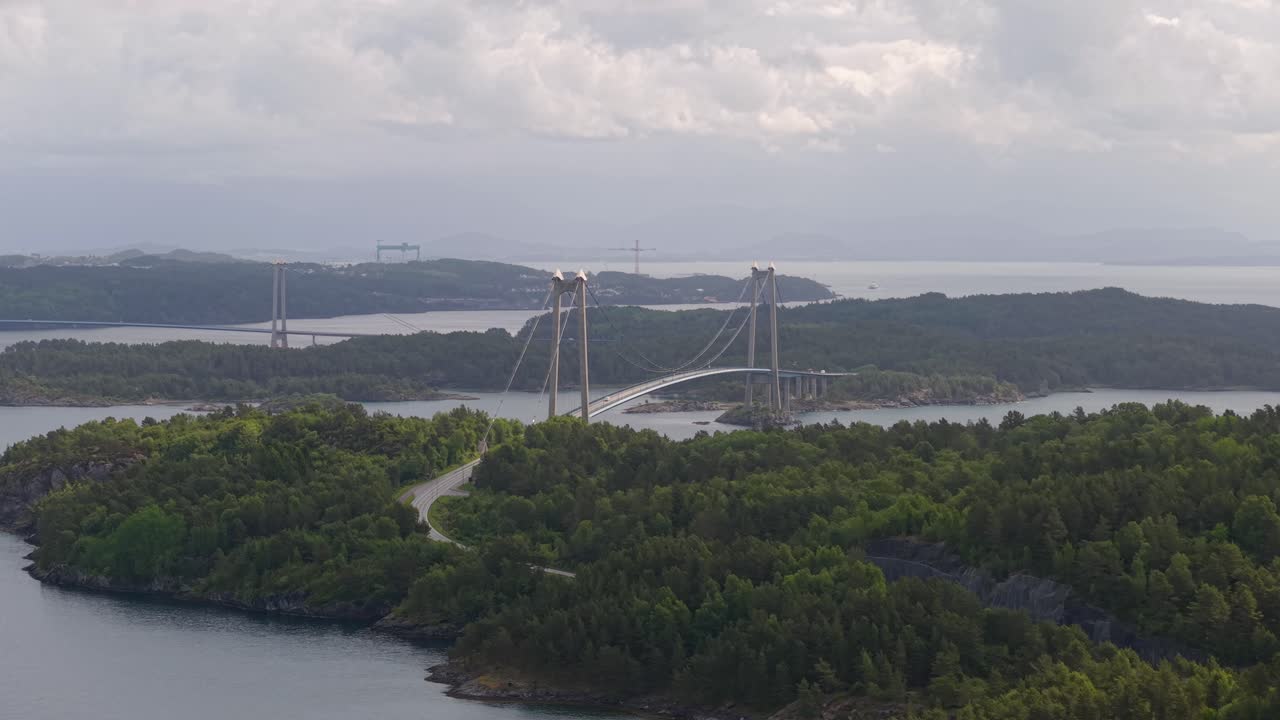 Suspension Bridge Of Bomlabrua In Vestland County, Norway. Aerial Drone Shot