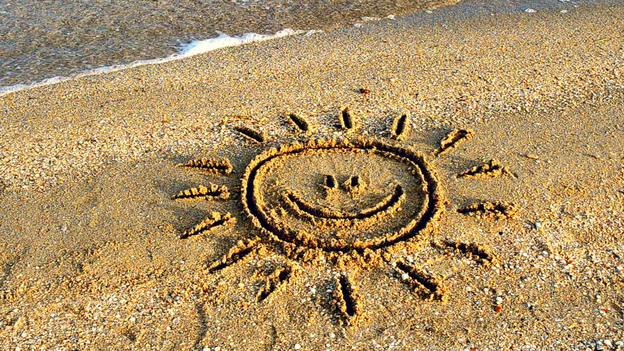 Tegning av solen på stranden. Strand og tegning.