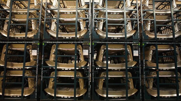 Handheld camera capturing a sea of metal parts, neatly stacked on mobile black racks in a warehouse, under the artificial glow of overhead fluorescent lights