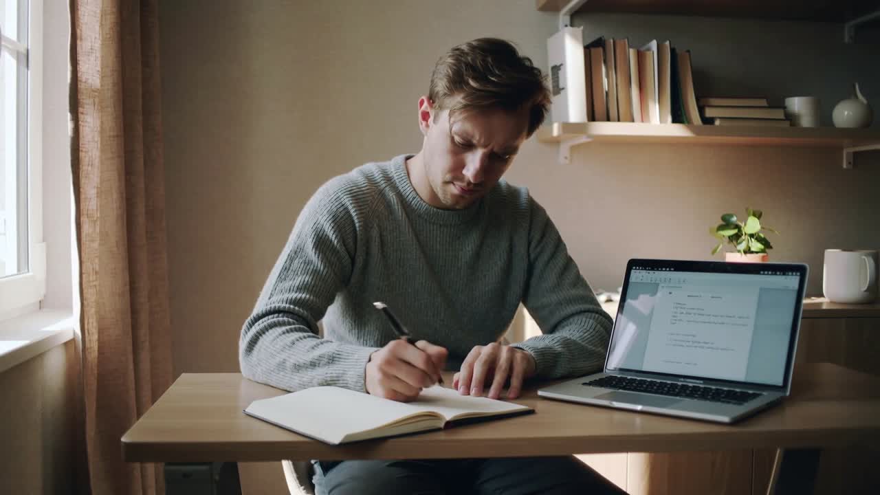 En mann leser tekst på en bærbar PC, kopierer notater og skriver i en notatbok ved et skrivebord ved vinduet, iført en genser.