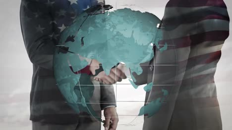 animation of globe and american flag over businessman handshake