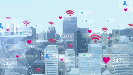 animation of wifi and social media icons and numbers on banners over cityscape