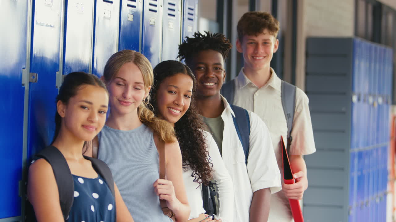 retrato de estudiantes de escuela secundaria o secundaria multiculturales de pie junto a armarios al aire libre