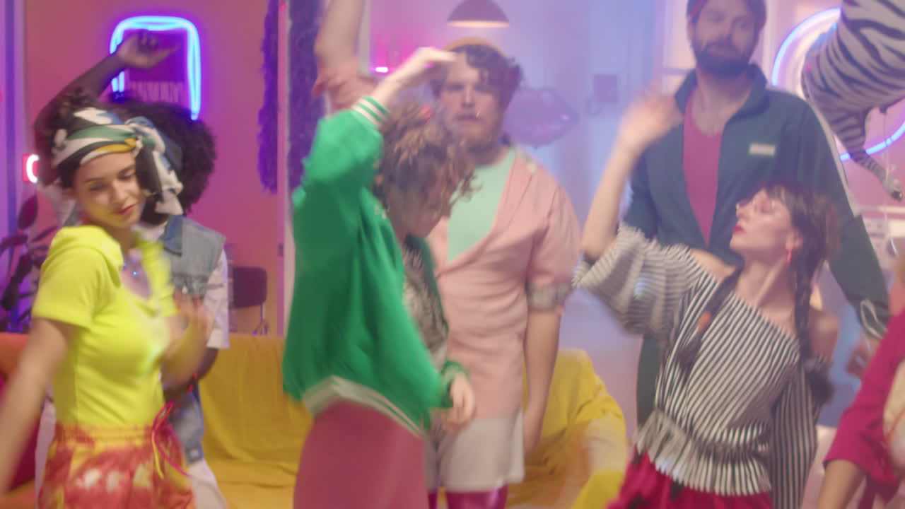 Group of friends partying in a vibrant, retro-style setting