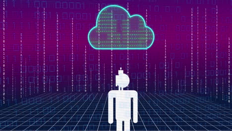 Animation of ai data processing and icon over cloud and binary coding