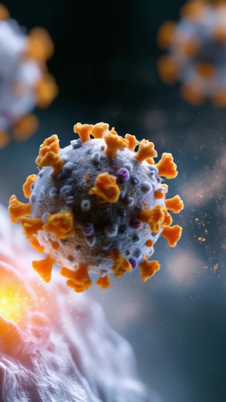 Rappresentazione visiva dettagliata di una struttura virale che evidenzia le sue caratteristiche superficiali e le particelle circostanti in un'immagine al microscopio ad alta definizione.
