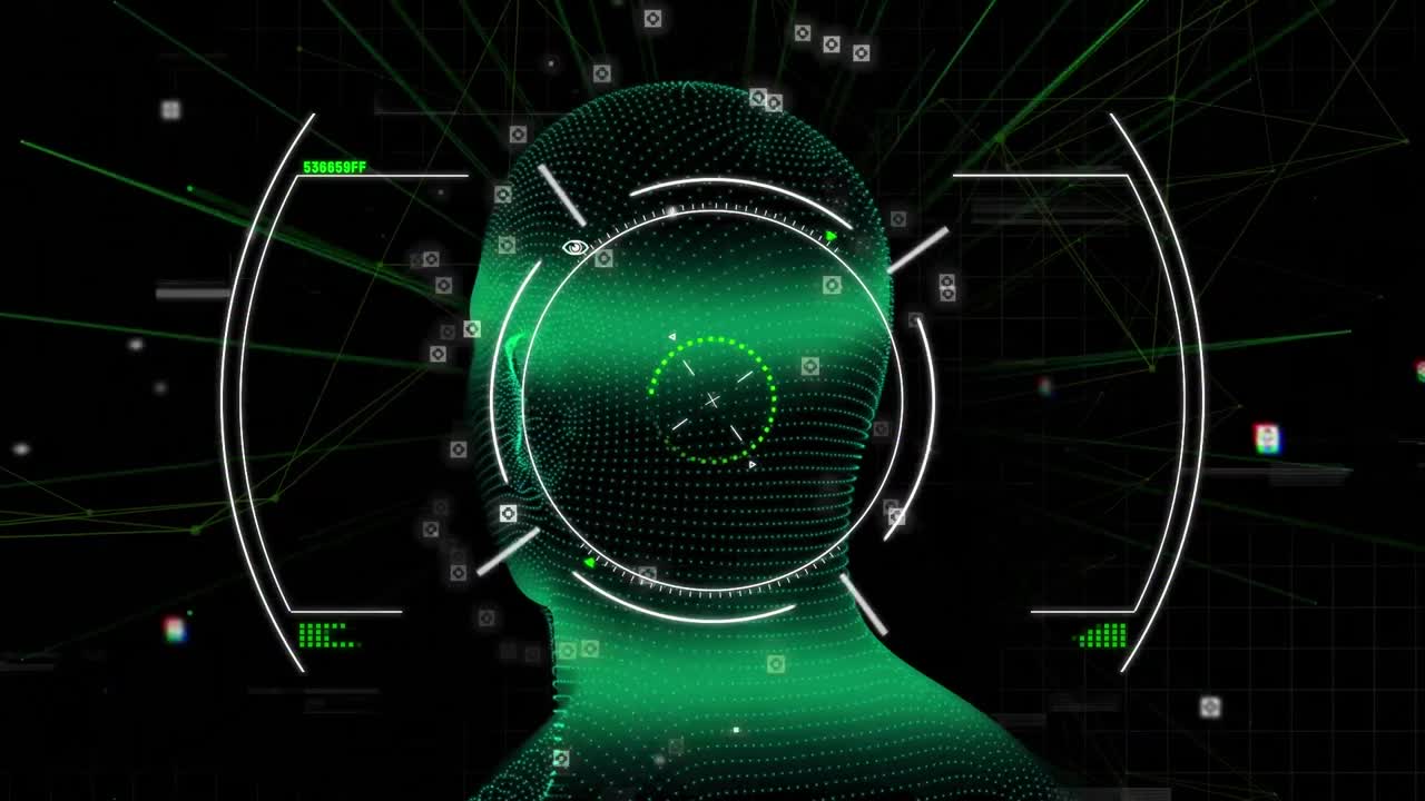 animación del escaneo del alcance y el procesamiento de datos sobre la cabeza humana digital y la red de conexiones