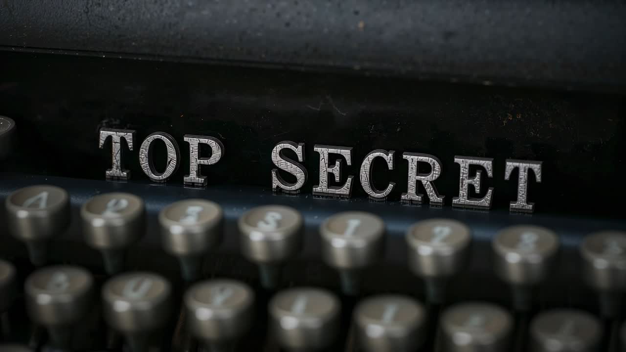 Feeding sheet, vintage typewriter typing TOP SECRET to label file at desk, blurred keytops