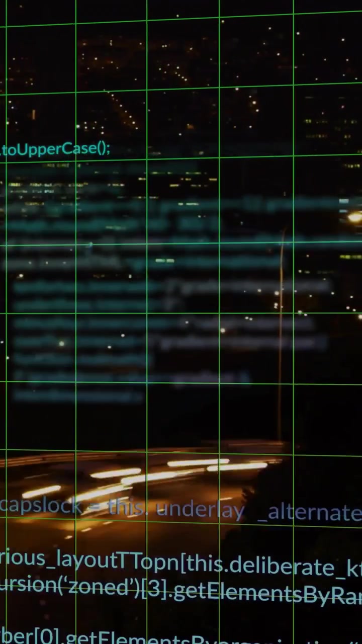 Video verticale: Luci in movimento, che avviano una banda ciano, codice che scorre verso l'alto su una griglia verde, mostrando dati.