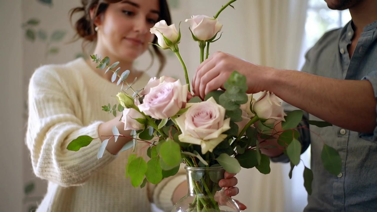 Un duo, uno con un maglione color crema e l'altro con una camicia di jeans, che taglia rose per l'arredamento di casa con un vaso di vetro e delle forbici.