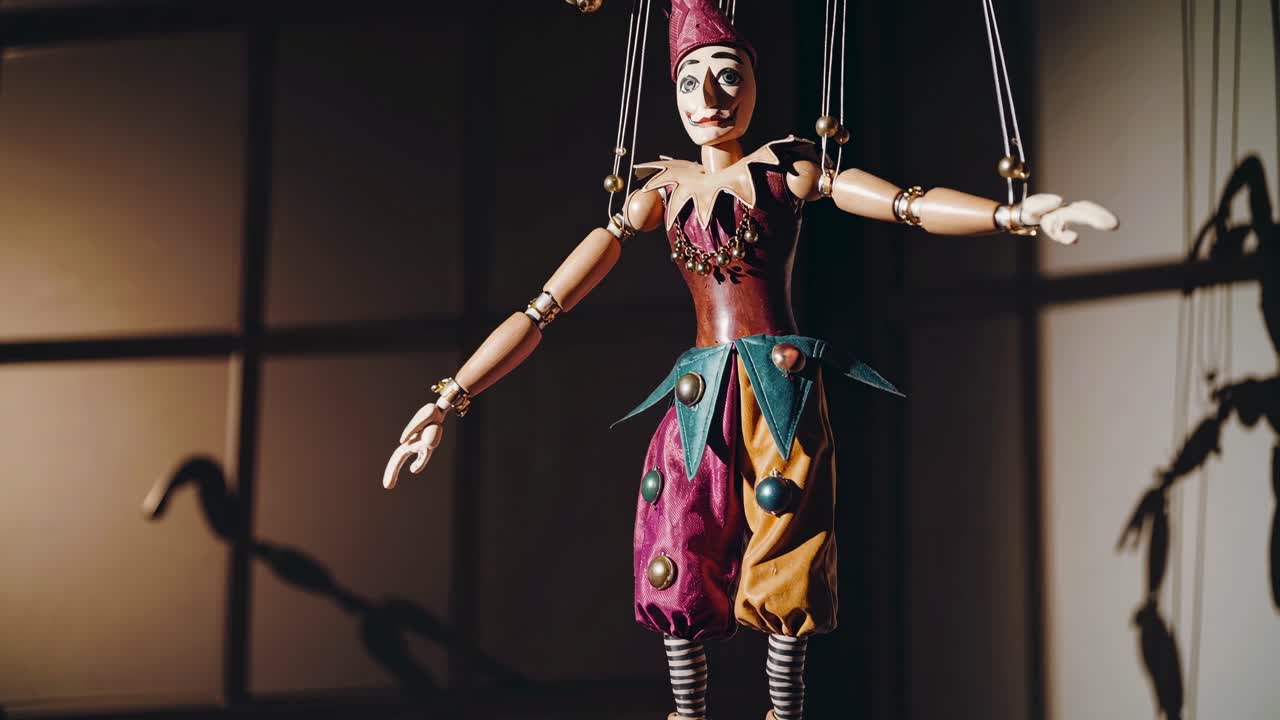 A low-angle shot of a colorful marionette puppet, casting a shadow on a window, evokes a mysterious