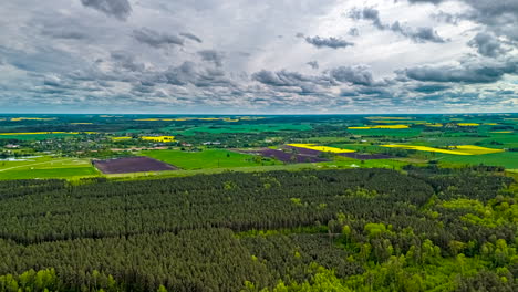 drone hyperlapse of patchwork farmland and forest under shifting dramatic sky