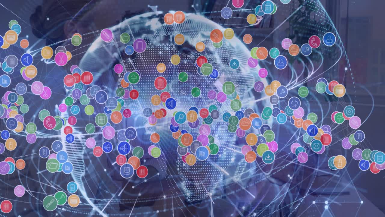 다양한 사업가들이 사무실에서 함께 토론하는 디지털 아이콘과 글로브의 애니메이션