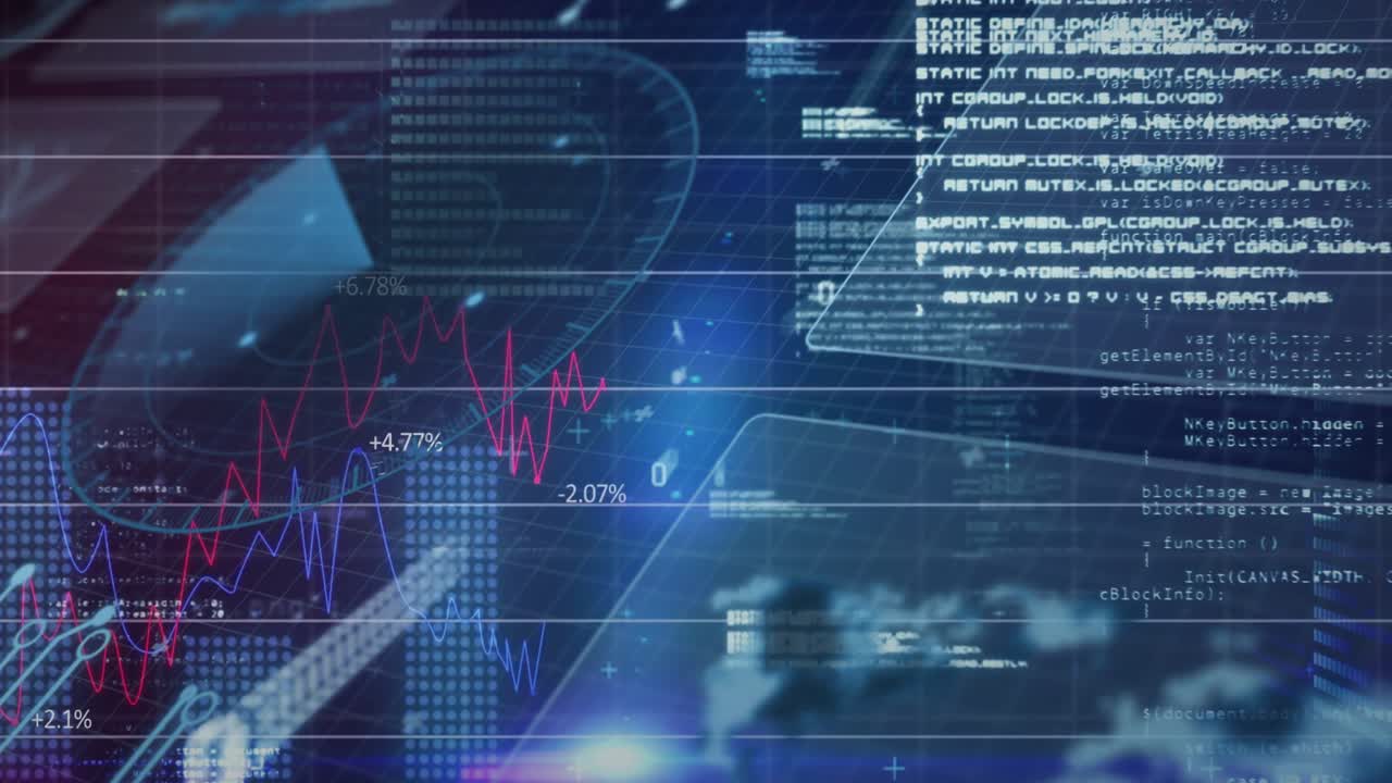 Una griglia scura emerge, il codice forma indicatori e grafici fluttuanti, poi un cuneo spazza visualizzando i dati.