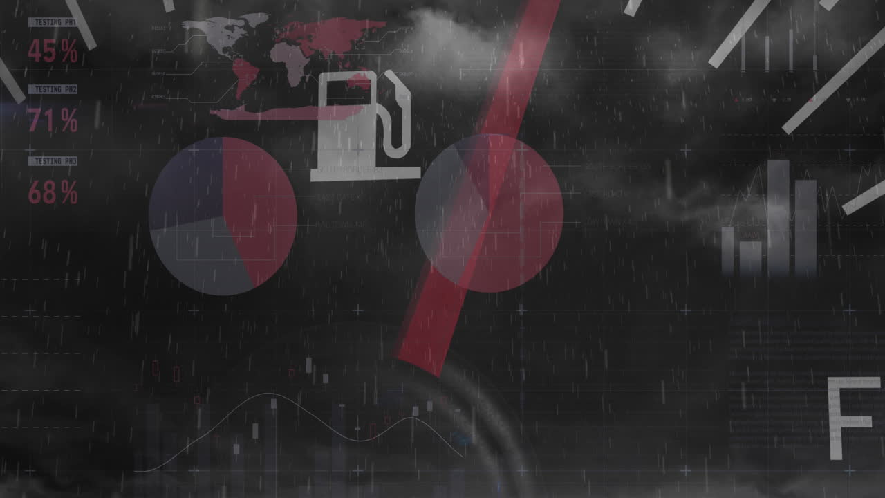 흐린 하늘에서 비와 번개에 대한 인포그래픽 인터페이스를 통해 스피도미터의 애니메이션