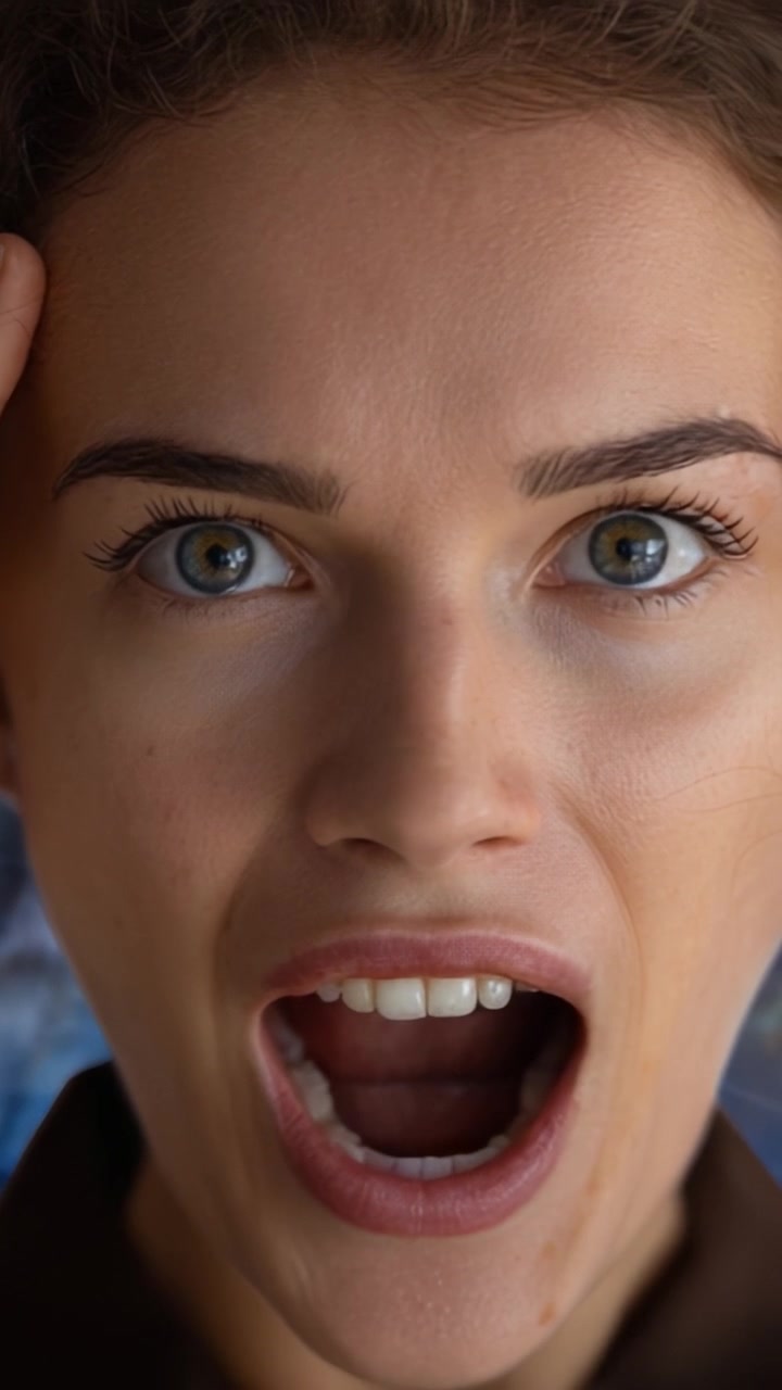 Espressione emotiva intensa: un primo piano del volto di una donna che mostra un urlo appassionato con occhi concentrati, catturando un momento di pura esuberanza ed energia.