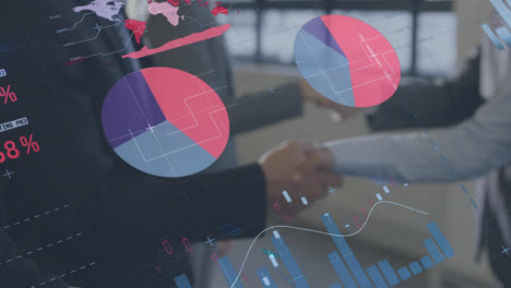 animation of financial data processing over diverse business people shaking hands