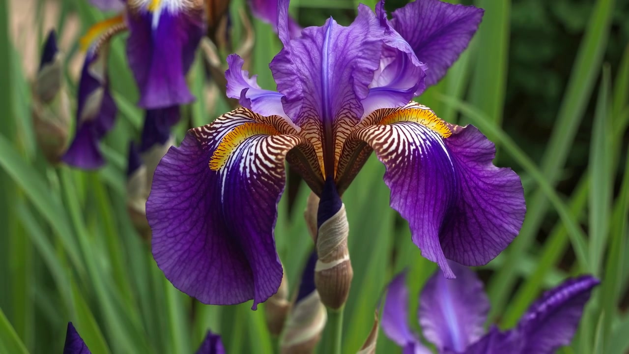 Levendige paarse irisbloem zachtjes wiegend in een tuin