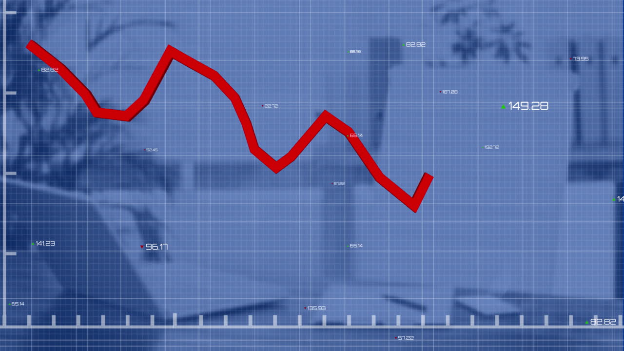 Animation of falling graph, changing numbers over grid pattern against unoccupied chair and laptop