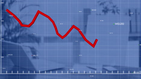 animación de la caída del gráfico, el cambio de números sobre el patrón de cuadrícula contra la silla desocupada y la computadora portátil