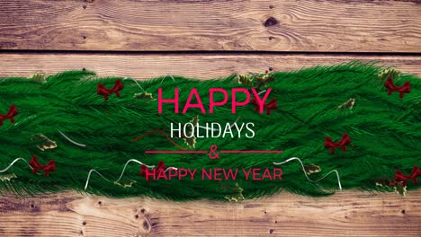 animation of happy holidays text over fir tree at christmas
